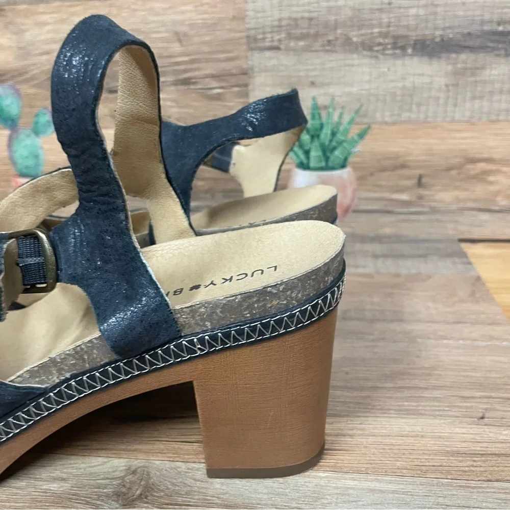 Lucky Brand Harvia platform sandals Women's 8 Black leather wood block Heel
